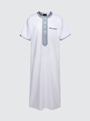 Moroccan short sleeve thobe Sabil in white with grey embroidery by Imaarah, front view