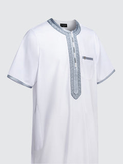 White Moroccan short sleeve thobe with grey embroidered neckline and short sleeves by Imaarah