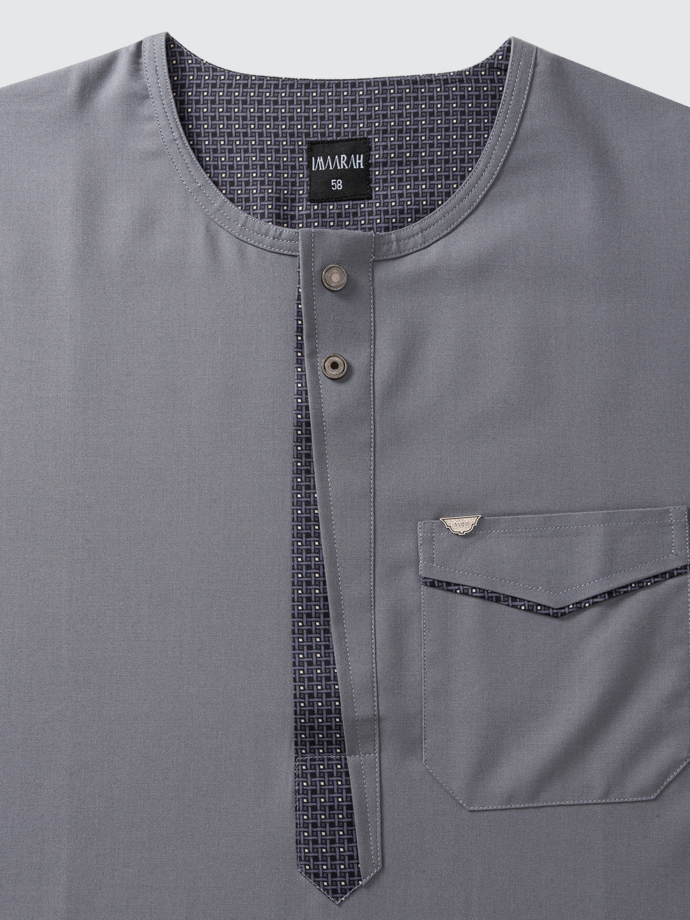 Imaarah Vantage grey short sleeve thobe neckline with contrast inner placket and Imaarah branding