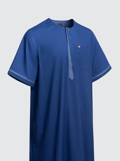 Imaarah Vantage short sleeve thobe navy, upper body view highlighting short sleeves and chest pocket detail