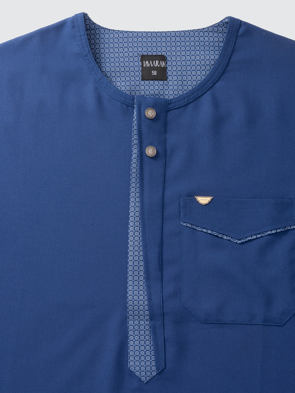 Imaarah short sleeve thobe Vantage navy, close-up of neckline, inner placket and premium button detailing