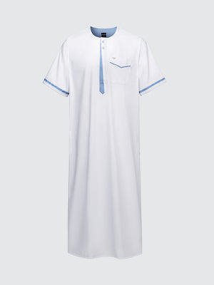 Imaarah short sleeve thobe Vantage in white, front view showing modern modest fit and contrast placket detailing